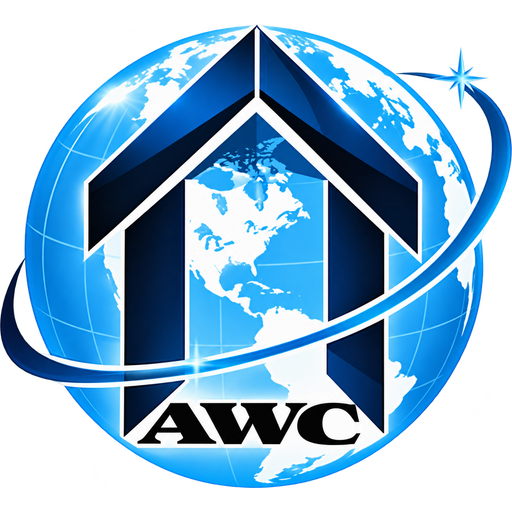 All World Construction globe and house logo