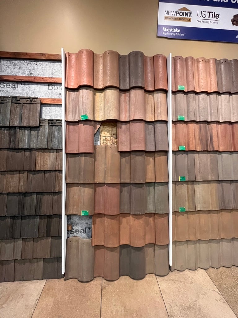 Roofing sample display supplied by Austin with curved and flat tile profiles